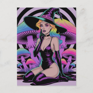 Carte Postale Sorcière sexy aux cheveux colorés et champignons