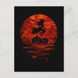 CARTE POSTALE SORCIÈRE SUR BALAI LUNE ROUGE