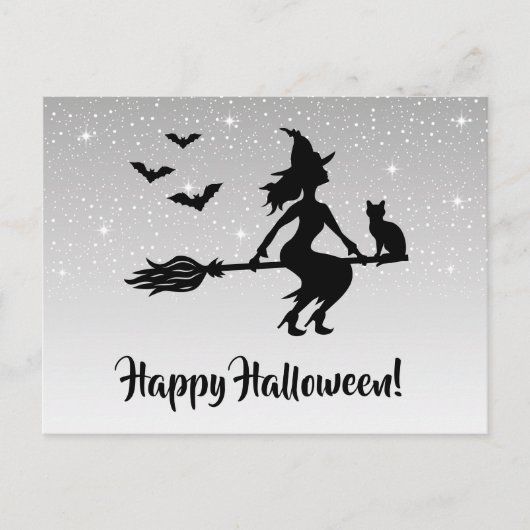 Carte Postale Sorcière Sur Un Broom Silver Grey Et Black Hallowe (Devant)