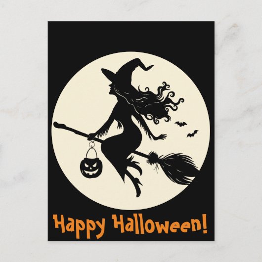 Carte Postale Sorcière sur un Halloween Broomstick (Devant)