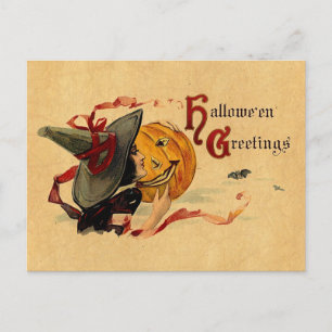 Carte Postale Sorcière vintage Halloween avec rubans rouges