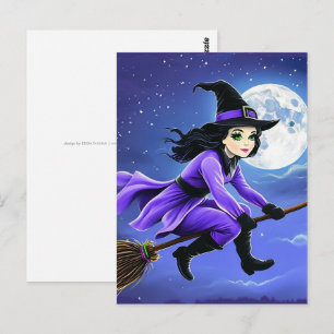 Carte Postale Sorcière volant sur un balai - Wicca Halloween 1