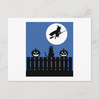 Carte Postale Sorcière volante, Citrouille, Chat Contemporain
