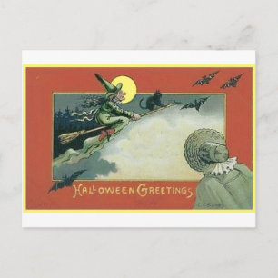 Carte Postale Sorcière volante d'Halloween et chauves-souris