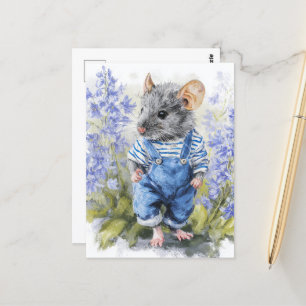Carte Postale Souris adorable à Denim dans les fleurs