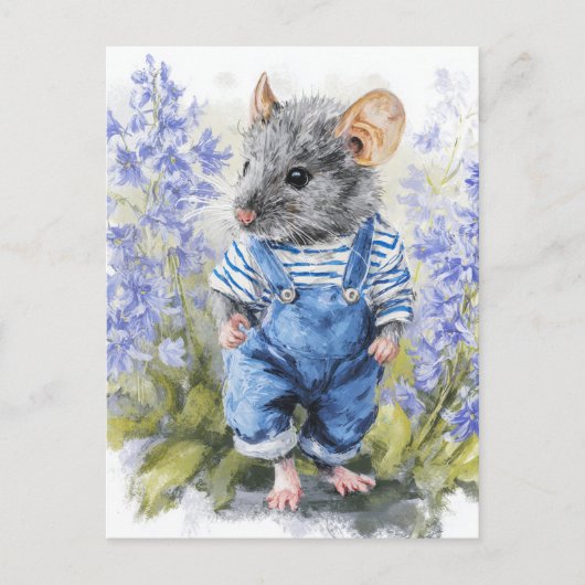 Carte Postale Souris adorable à Denim dans les fleurs (Devant)
