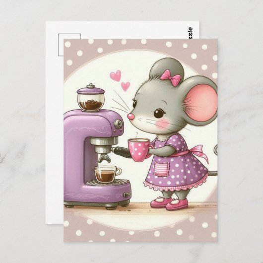 Carte Postale Souris adorable en robe violette faisant du café (Devant / Derrière)