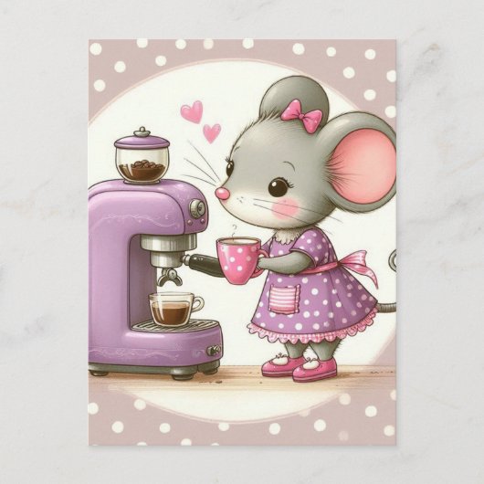 Carte Postale Souris adorable en robe violette faisant du café (Devant)