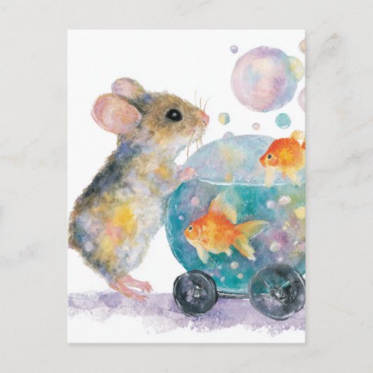 Carte Postale Souris adorable et poisson d'or (Devant)