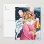 Carte Postale Souris ange de Noël sonnant la cloche Art aquarell (Devant / Derrière)