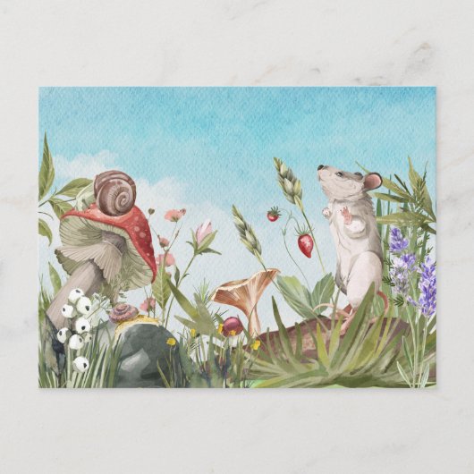 Carte Postale Souris aquarelle dans la maisonnette champêtre (Devant)