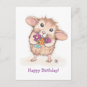 Carte Postale Souris avec bouquet de fleurs Joyeux anniversaire