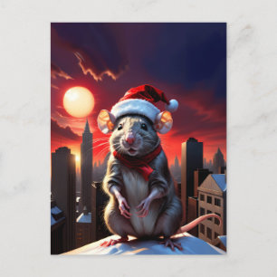 Carte Postale souris avec chapeau santa haut sur le toit le soir