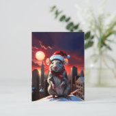 Carte Postale souris avec chapeau santa haut sur le toit le soir (Debout devant)