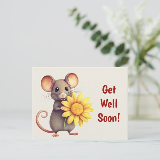 Carte Postale Souris avec la Fleur Jaune Mignon Prompt rétabliss (Debout devant)