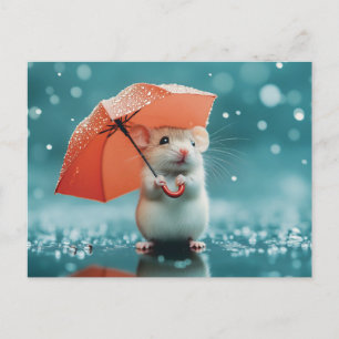 Carte Postale Souris avec parapluie dans la pluie : belle scène 