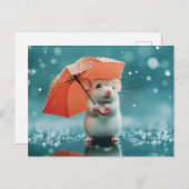 Carte Postale Souris avec parapluie dans la pluie : belle scène (Devant / Derrière)