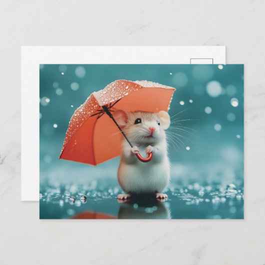 Carte Postale Souris avec parapluie dans la pluie : belle scène  (Devant / Derrière)