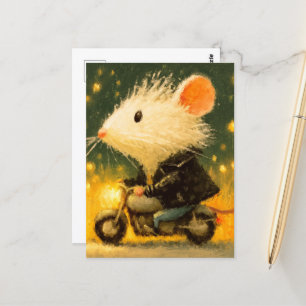 Carte Postale Souris blanche adorable à cheval sur une moto