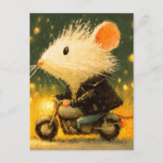 Carte Postale Souris blanche adorable à cheval sur une moto (Devant)
