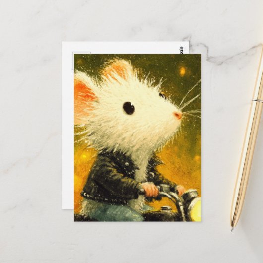 Carte Postale Souris blanche adorable chevauchant une moto en no (Devant/Arrière en situation)