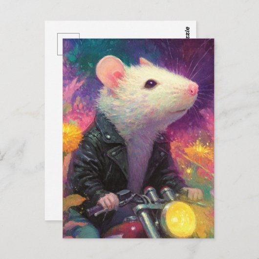 Carte Postale Souris blanche adorable dans une veste en cuir noi (Devant / Derrière)