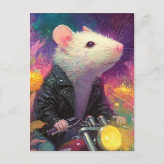 Carte Postale Souris blanche adorable dans une veste en cuir noi (Devant)