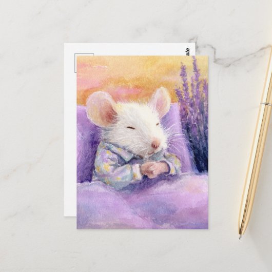 Carte Postale Souris blanche dormant (Devant/Arrière en situation)