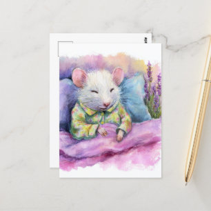 Carte Postale Souris blanche dormante adorable en PJ Aquarelle