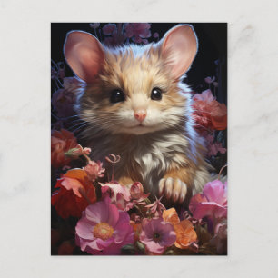 Carte Postale Souris Brown Fluffy Imaginaire dans les fleurs