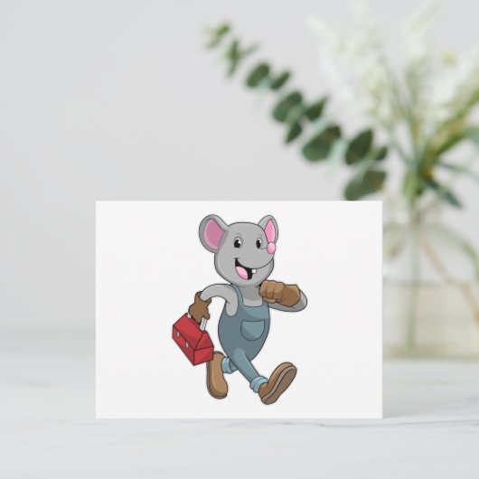 Carte Postale Souris comme homme à tout faire avec boîte à outil (Debout devant)