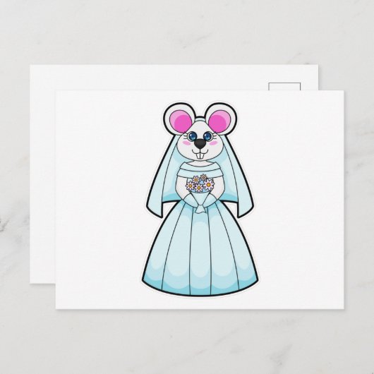 Carte Postale Souris comme mariée avec bouquet de fleurs (Devant / Derrière)