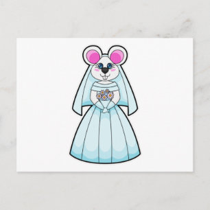 Carte Postale Souris comme mariée avec bouquet de fleurs