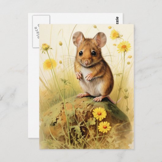 Carte Postale Souris de champ mignonne avec Fleurs Jaunes (Devant / Derrière)