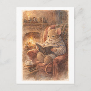 Carte Postale Souris de style vintage lisant au coin du feu