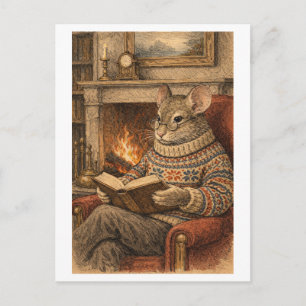 Carte Postale Souris de style vintage lisant un livre