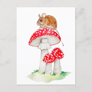 Carte Postale Souris drôle sur une mouche agarique, aquarelle