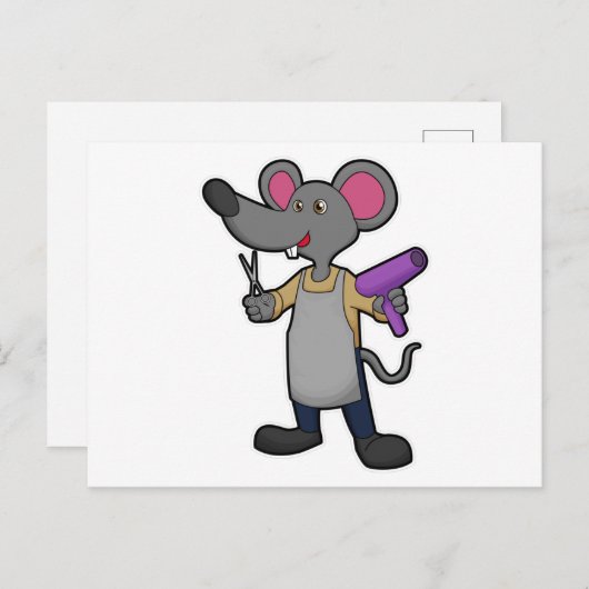 Carte Postale Souris en coiffeur avec ciseaux et sèche-cheveux (Devant / Derrière)