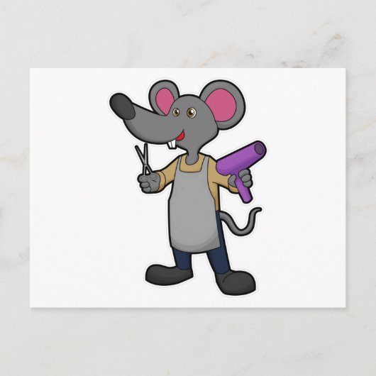 Carte Postale Souris en coiffeur avec ciseaux et sèche-cheveux (Devant)