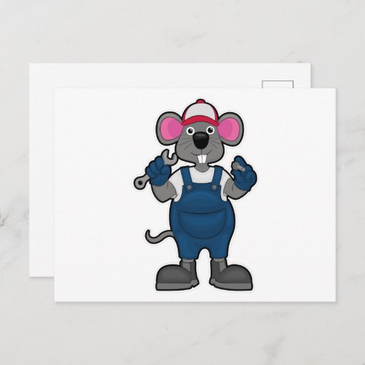 Carte Postale Souris en mécanicien avec tournevis et clé à écrou (Devant / Derrière)