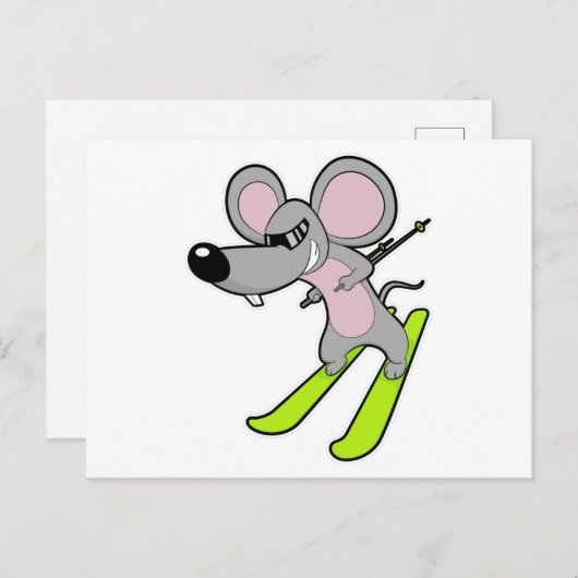 Carte Postale Souris en skieur avec skis (Devant / Derrière)