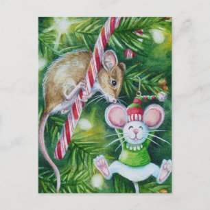 Carte Postale Souris et décoration de sapin de Noël en aquarelle