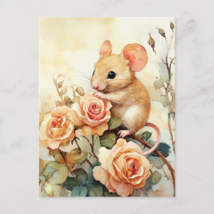 Carte Postale souris et rose