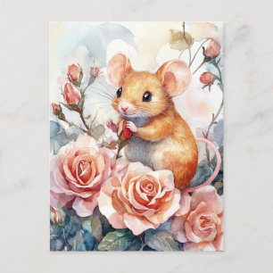 Carte Postale souris et roses
