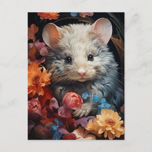 Carte Postale Souris Fantastique et Fluffy dans les Fleurs (Devant)