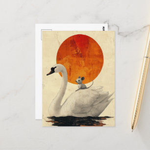 Carte Postale Souris gris attrape un tour sur un cygne