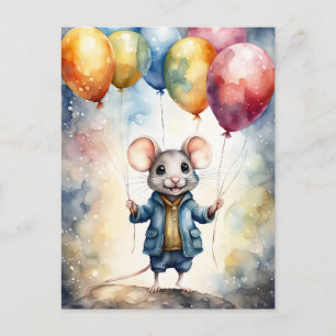 Carte Postale Souris mignonne avec des ballons colorés, personna