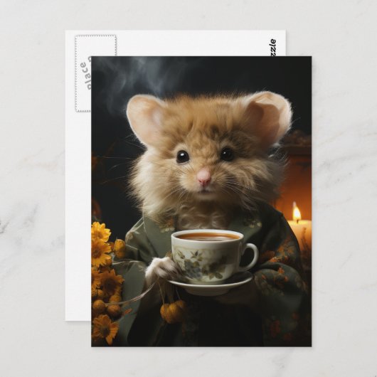 Carte Postale Souris Mignonne et Douce avec du Thé (Devant / Derrière)