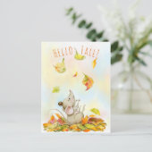 Carte Postale Souris mignonne et Feuilles de chute jaune orange (Debout devant)