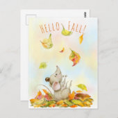 Carte Postale Souris mignonne et Feuilles de chute jaune orange (Devant / Derrière)